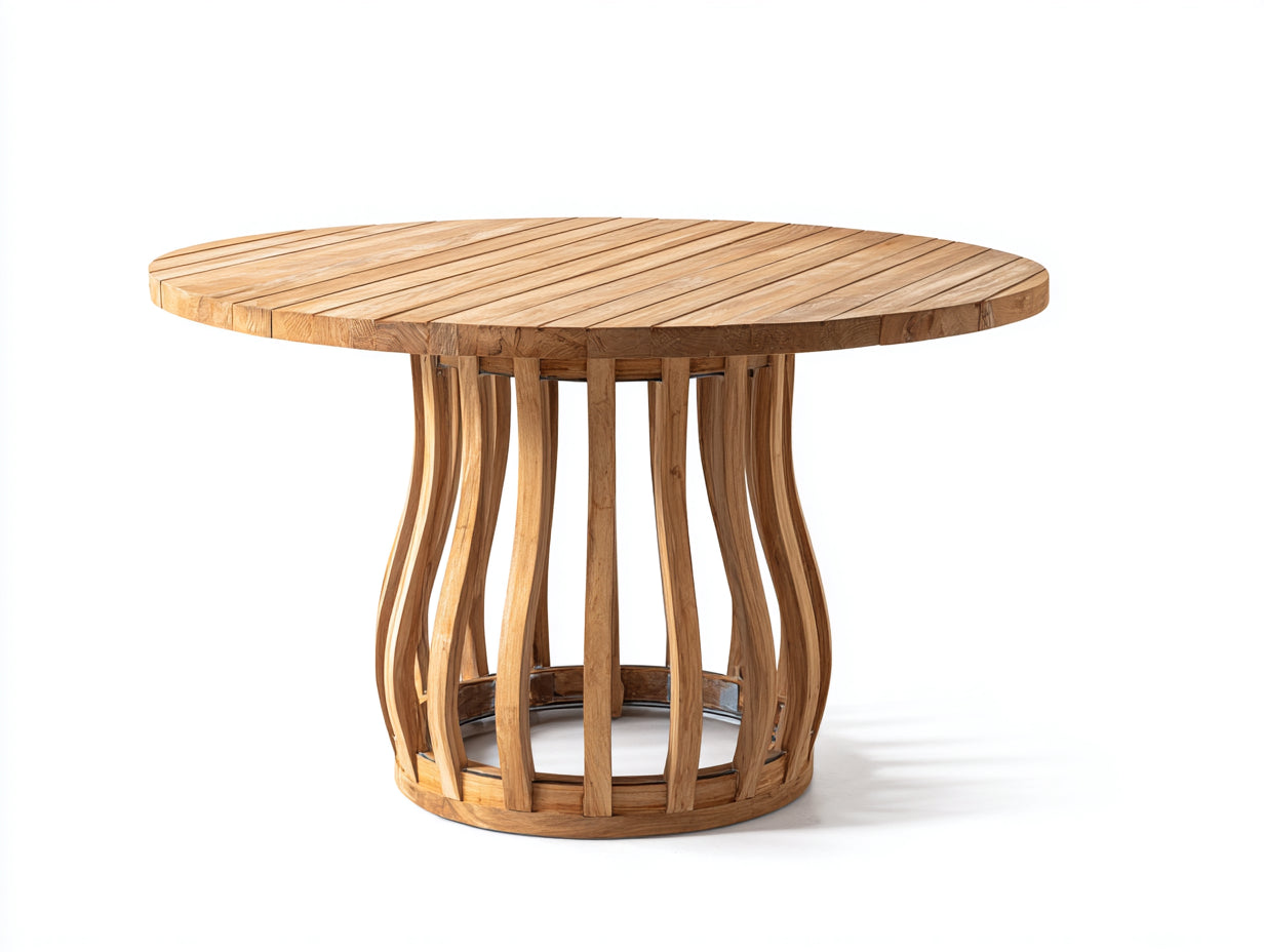 Mesas de jardín redonda de madera 145 x 145 x 75 cm - Marrón natural - Tablero de listones con base central curvada
