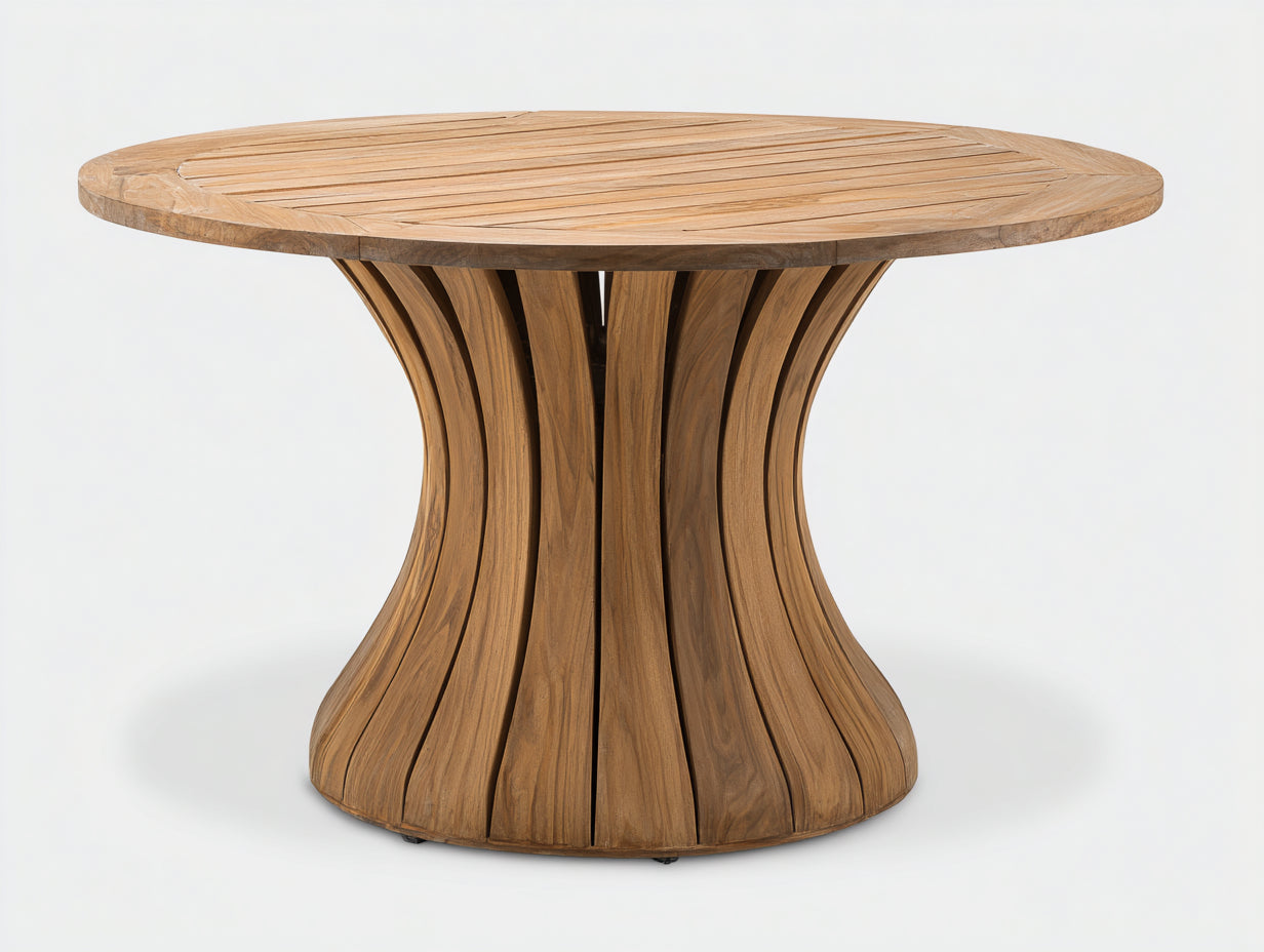 Mesas de jardín redonda de madera 150 x 150 x 76 cm - Marrón natural - Base central curvada de diseño abierto