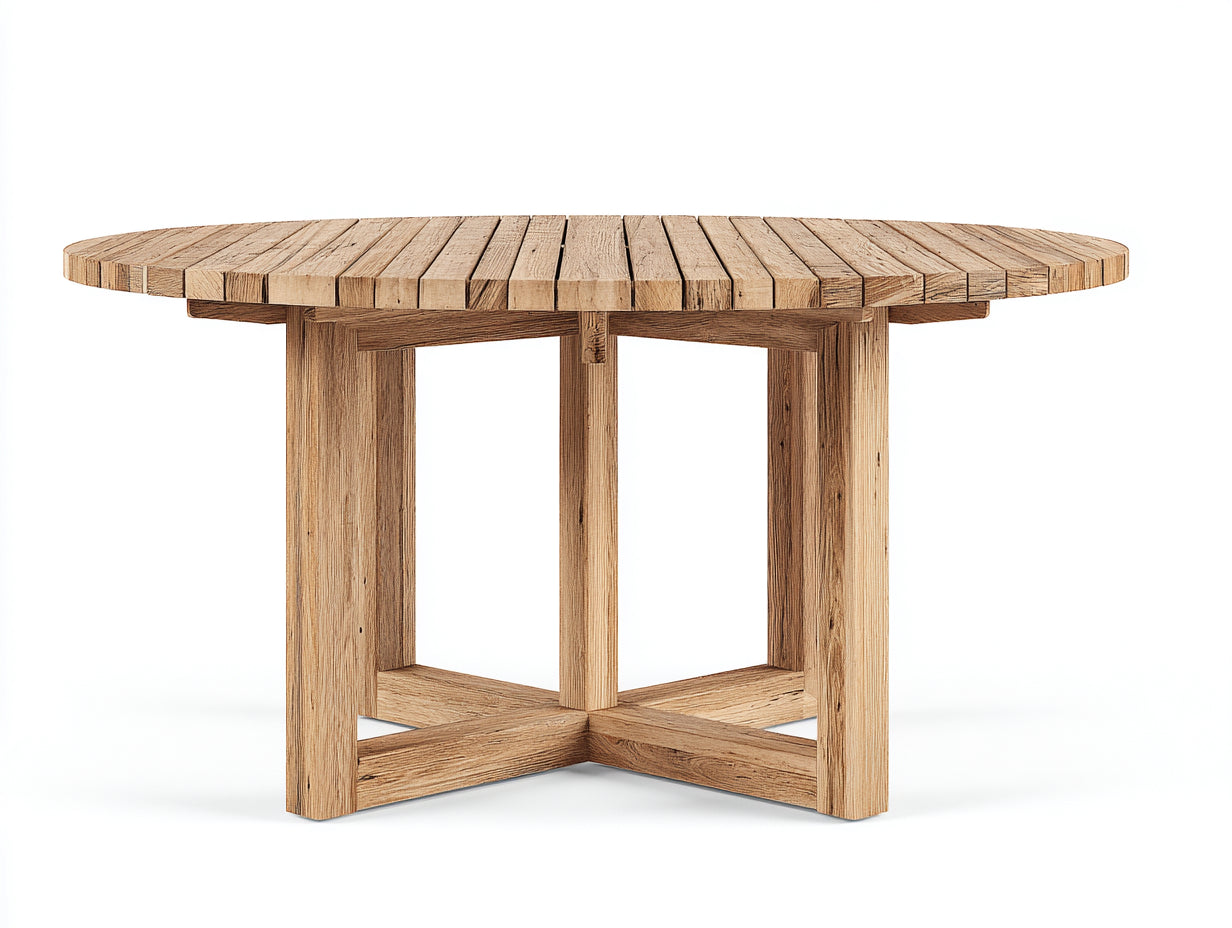 Mesas de jardín redondas de madera 120x120x75 cm - madera natural - base cruzada de diseño rústico