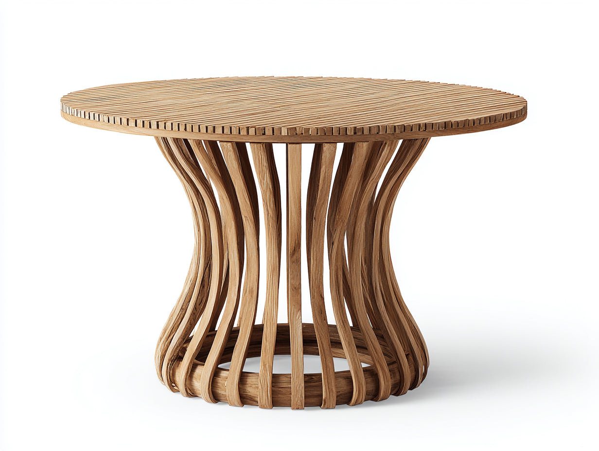 Mesas de jardín redondas de madera 110x110x75 cm - madera natural - base central curvada de listones