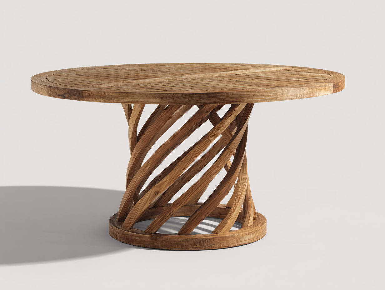Mesas de jardín redondas de madera 120x120x75 cm - madera natural - base central de diseño trenzado