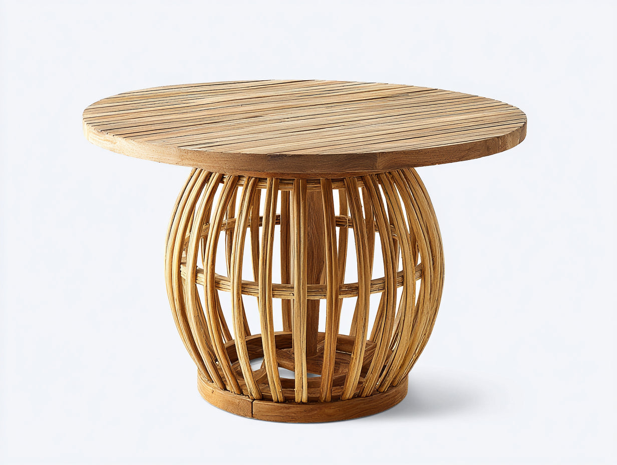Mesas de jardín redondas de madera 100x100x75 cm - madera natural - base central curvada de estilo artesanal